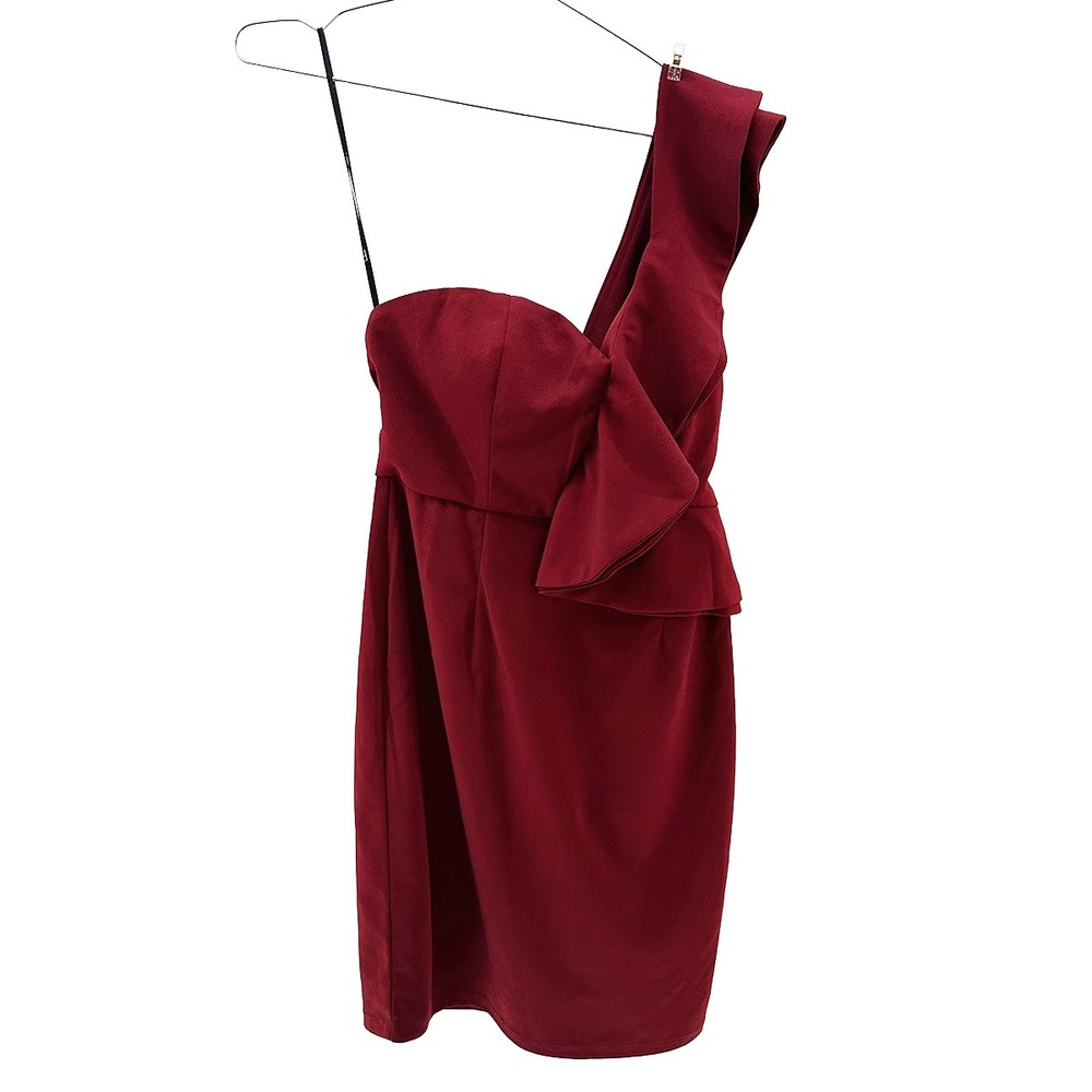 NWT • LULUS Ayita One Shoulder Ruffle Bodycon Dress • Medium • Burgundy‎ red